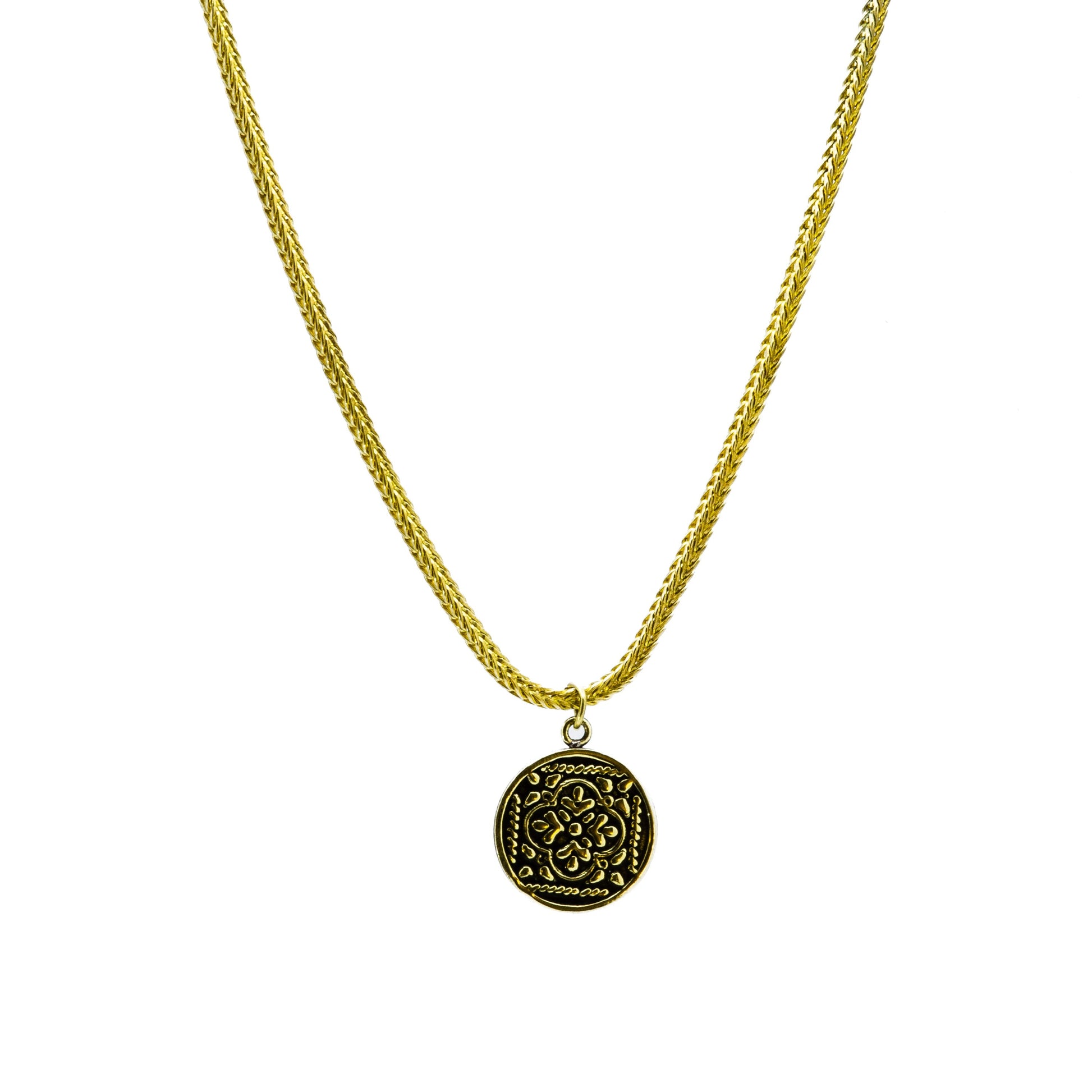 Full view of Maysa draped Egyptian brass necklace, adjustable 40/45cm, handmade in Old Cairo